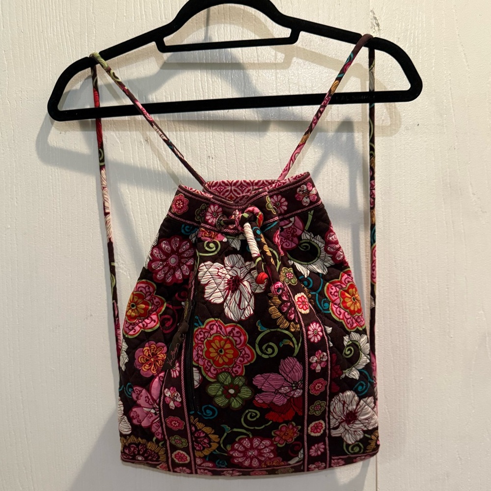 Vera Bradley Backpack Mod Floral Print Drawstring Close Brown & Pink Retired Bag - Picture 3 of 4